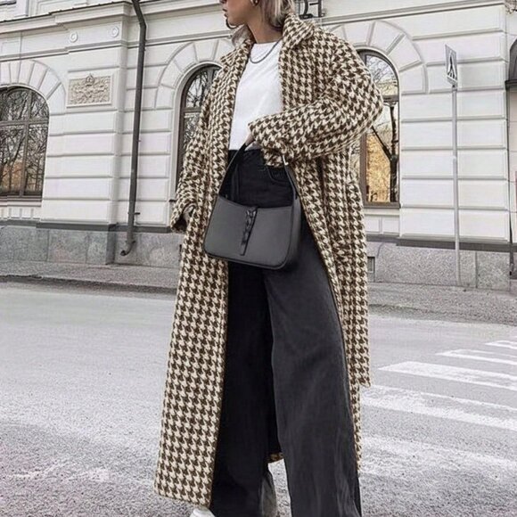 Houndstooth Casual Women's belted long trench Coat - Picture 5 of 6